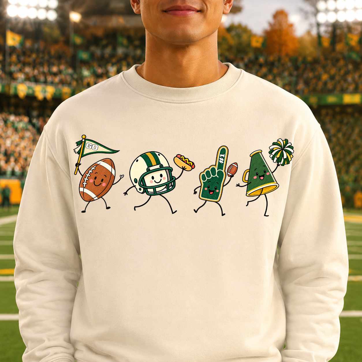 Forest green gold cream football doodle PNG sublimation design on sweatshirt – JenCraft Designs digital download