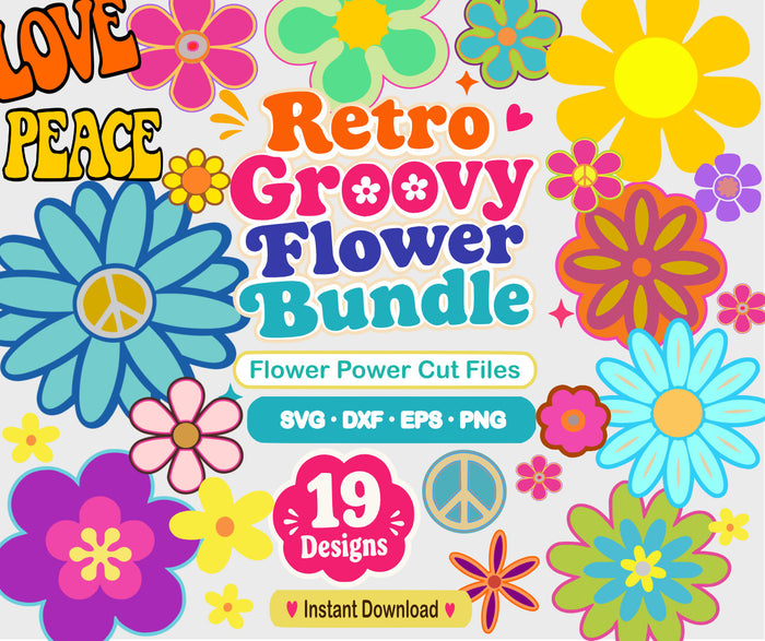 Hippie SVG | Retro Groovy Flowers 60s 70s Cut File Bundle