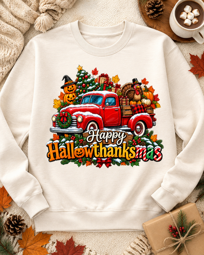 Happy Hallowthanksmas Red Truck PNG sublimation design on white sweatshirt – JenCraft Designs digital download