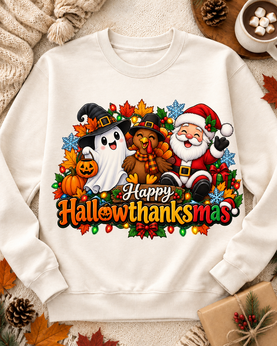 Happy Hallowthanksmas Ghost Turkey Santa PNG sublimation design on white sweatshirt – JenCraft Designs digital download