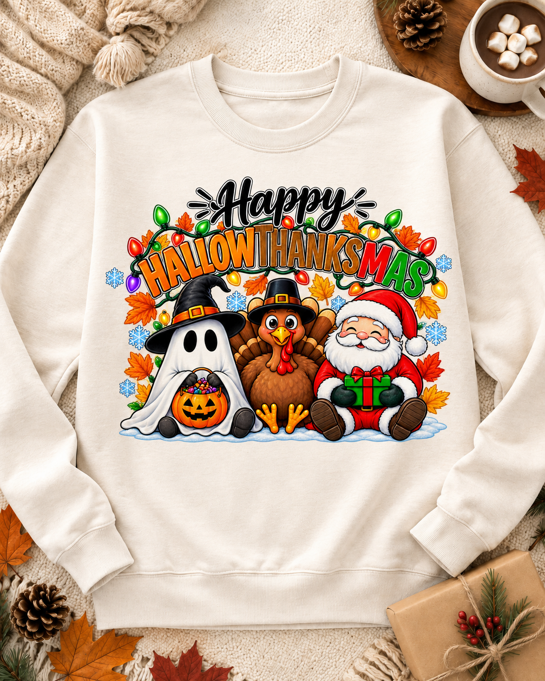 Happy Hallowthanksmas Ghost Turkey Santa sitting PNG sublimation design on white sweatshirt – JenCraft Designs digital download