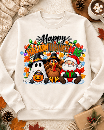 Happy Hallowthanksmas Ghost Turkey Santa sitting PNG sublimation design on white sweatshirt – JenCraft Designs digital download