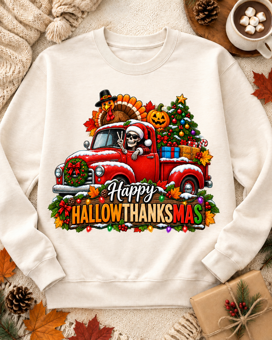 Happy Hallowthanksmas Skeleton Truck PNG sublimation design on white sweatshirt – JenCraft Designs digital download