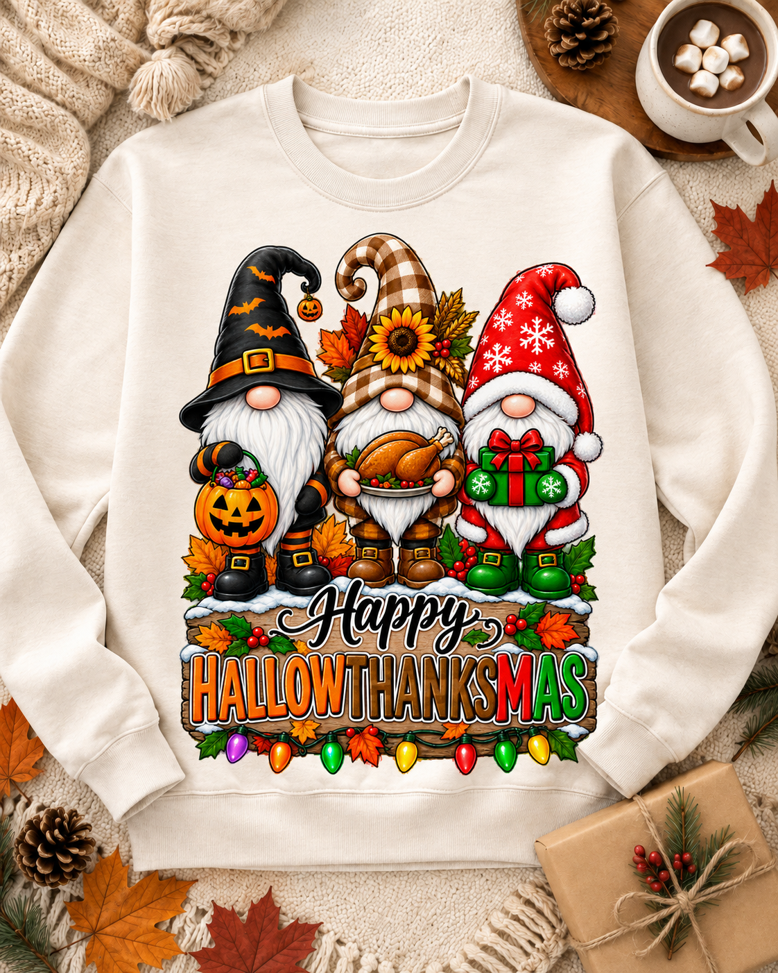 Happy Hallowthanksmas Spooky Grateful Jolly PNG sublimation design on white sweatshirt – JenCraft Designs digital download