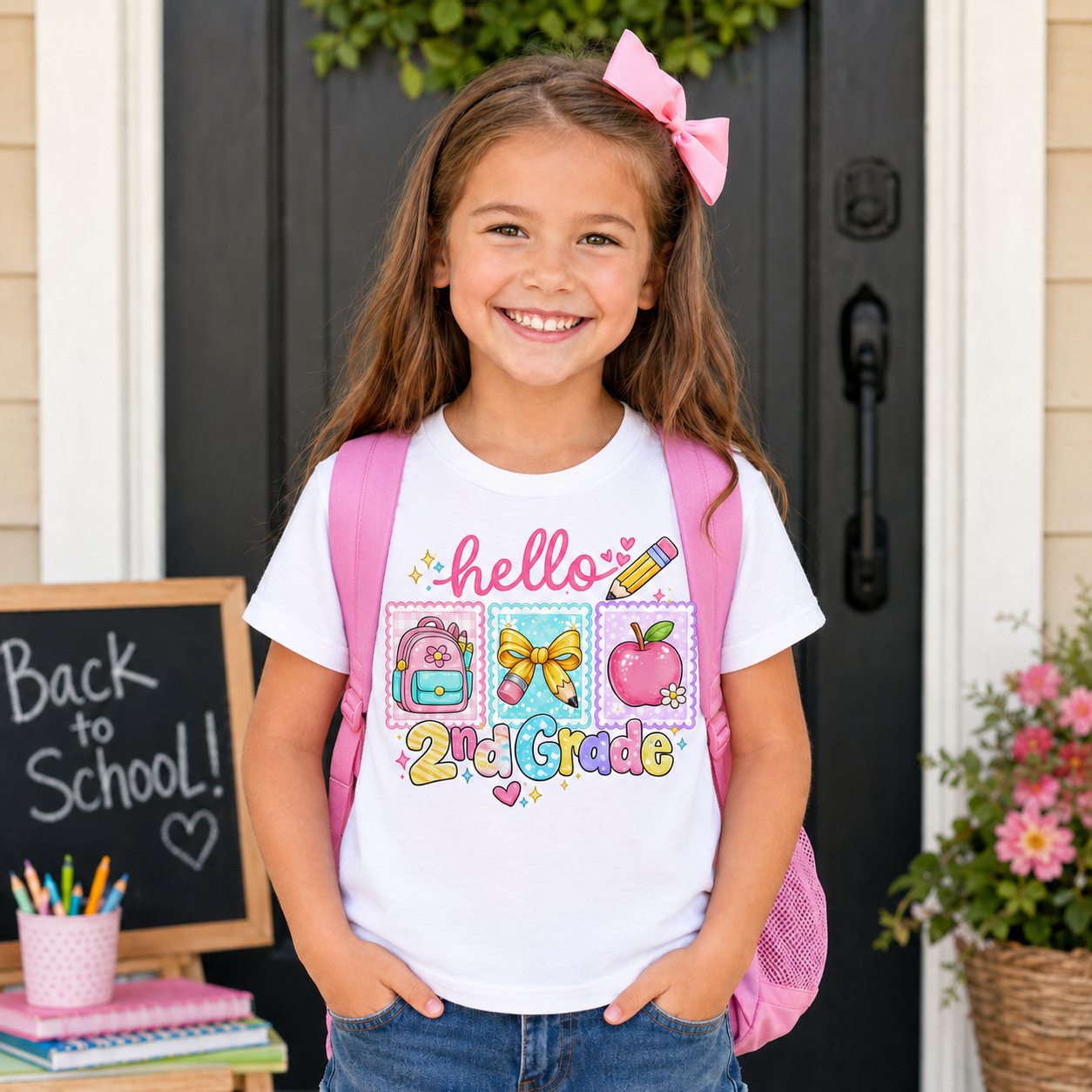 Hello 2nd Grade pastel stamp sublimation PNG design with backpack bow pencil and apple – JenCraft Designs digital download