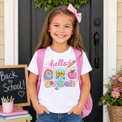 Hello 2nd Grade pastel stamp sublimation PNG design with backpack bow pencil and apple – JenCraft Designs digital download
