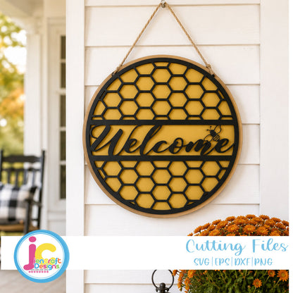 Honeycomb Welcome Porch Sign SVG EPS DXF PNG | Bee Summer Sign Cut File - JenCraft Designs