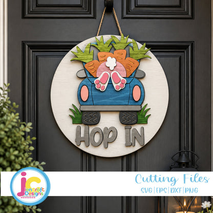 Easter Hop In Bunny Truck SVG EPS DXF PNG | Door Hanger Round Sign - JenCraft Designs