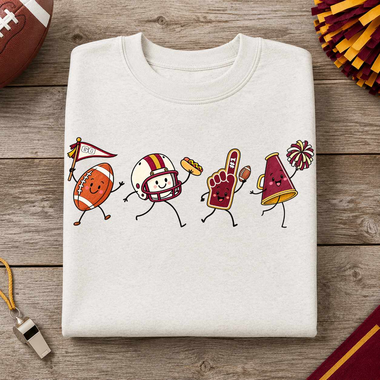 Maroon Gold Cream Football Doodle PNG Sublimation Design
