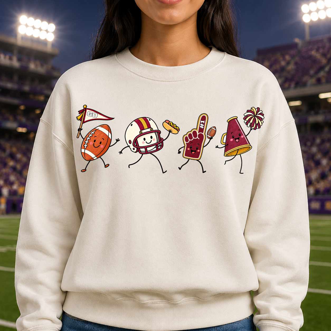 Maroon gold cream football doodle PNG sublimation design on sweatshirt – JenCraft Designs digital download