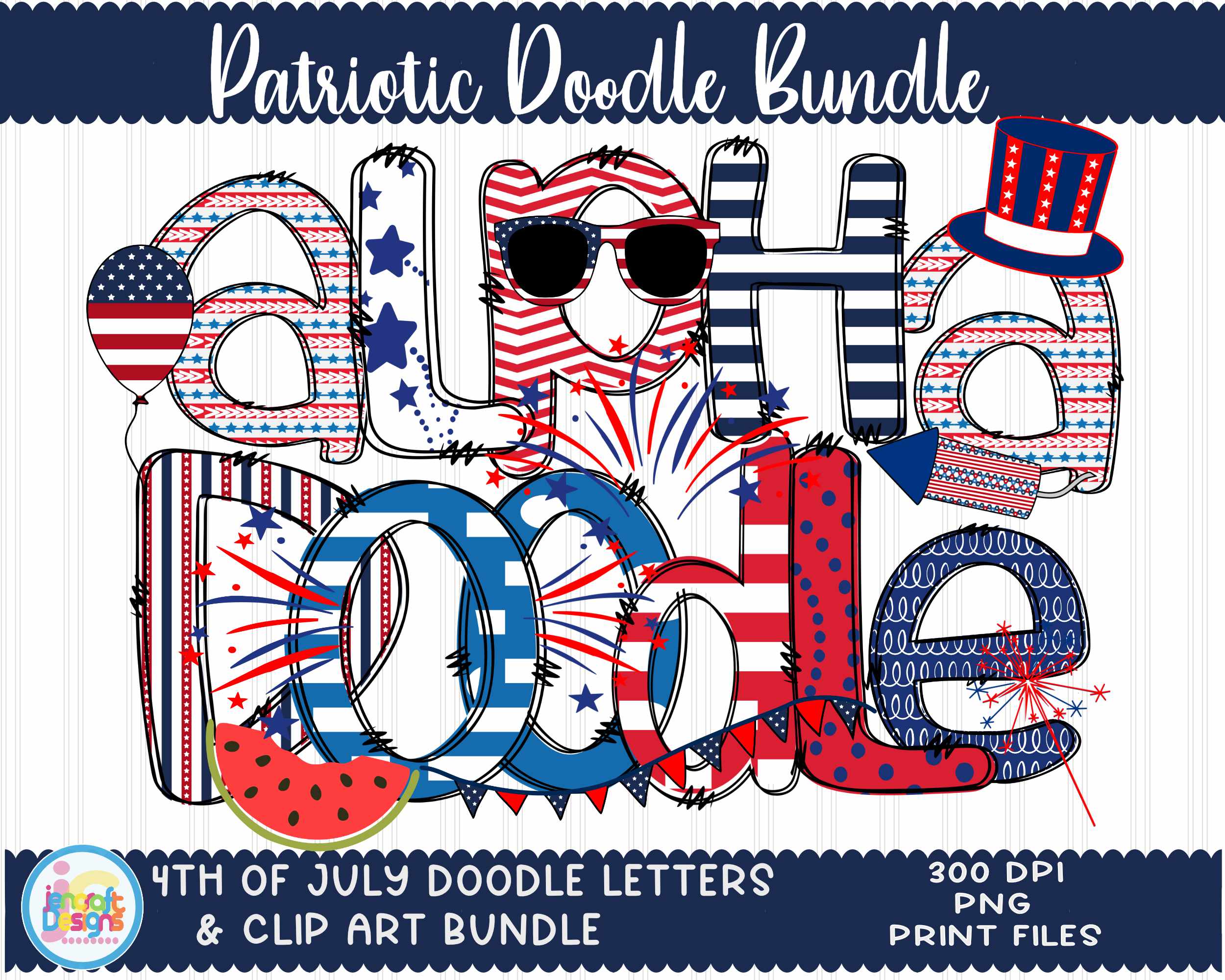 4th of July Alphabet Png, Patriotic Doodle Letters Png - JenCraft Designs