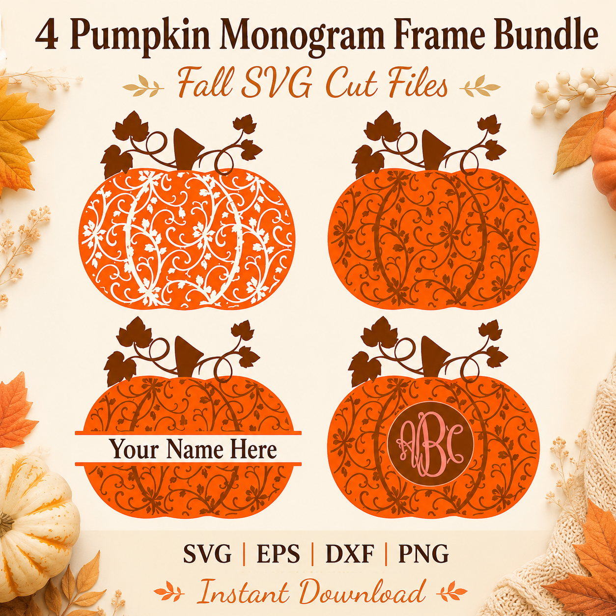 Floral Pumpkin Monogram Frame SVG | Fall & Halloween - JenCraft Designs