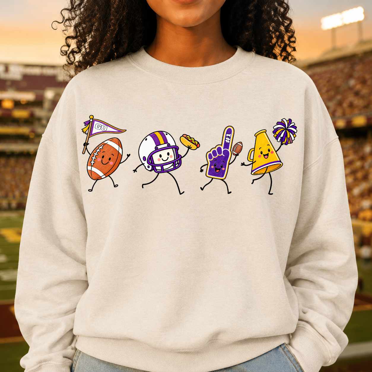 Purple gold white football doodle PNG sublimation design on cream sweatshirt – JenCraft Designs digital download