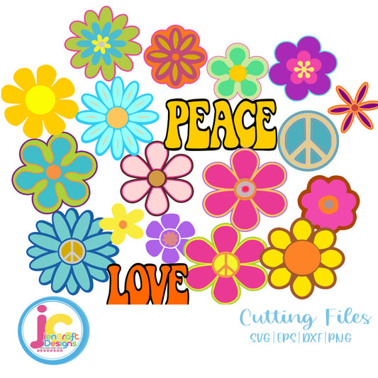 Hippie SVG | Retro Groovy Flowers 60s 70s Cut File Bundle