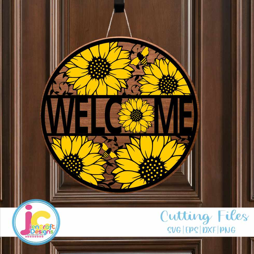 Welcome Sign Svg, Sunflower Round Door Hanger SVG DXF PNG EPS