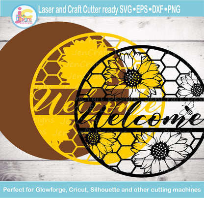 Sunflower Welcome Sign, Summer decor, Welcome svg round wood sign Honeycomb, Glowforge Cricut Silhouette laser cut file Svg Eps, Dxf Png  JenCraft Designs