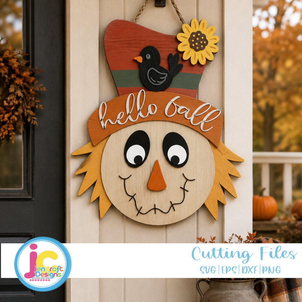Hello Fall Scarecrow Face SVG | Autumn Door Hanger Cut File