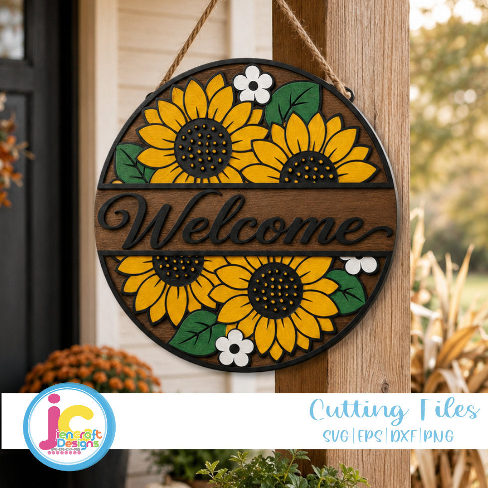 Round Sunflower Daisy Sign SVG | Floral Welcome Sign Cut File