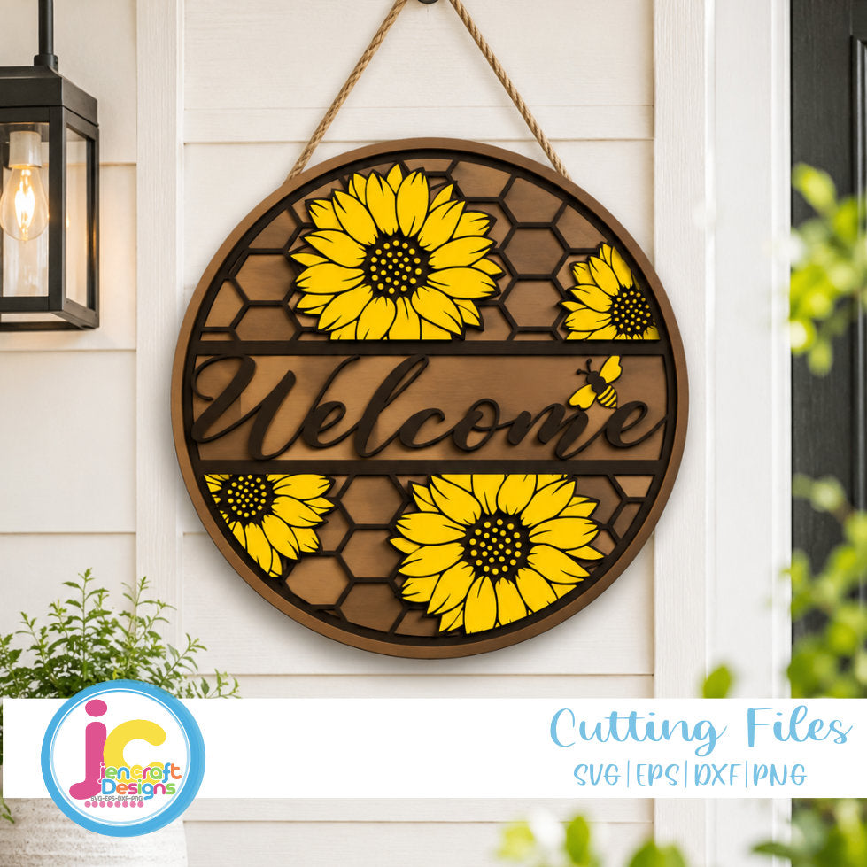 Sunflower Welcome Porch Sign SVG | Honeycomb Round Sign - JenCraft Designs