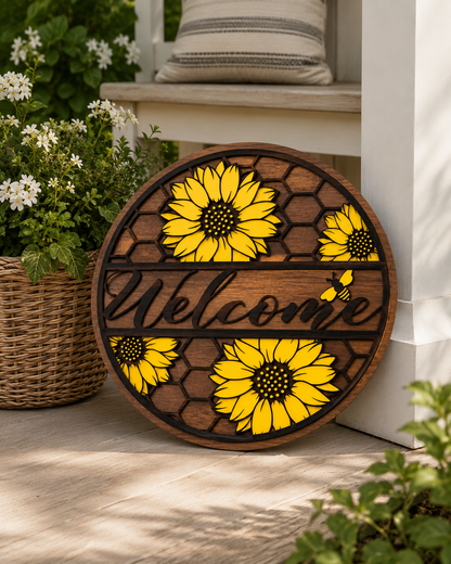 Sunflower Welcome Porch Sign SVG | Honeycomb Round Sign - JenCraft Designs