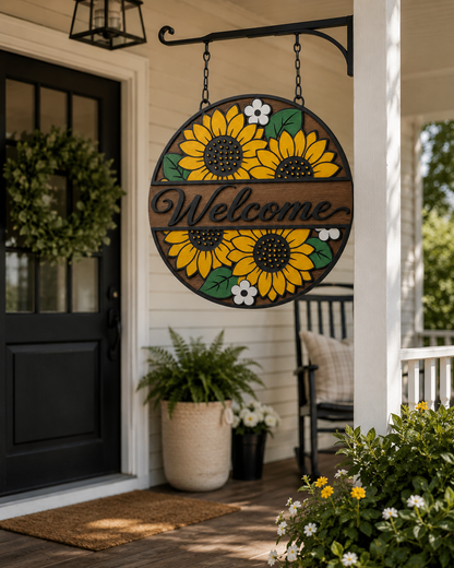 Round Sunflower Daisy Sign SVG | Floral Welcome Sign Cut File