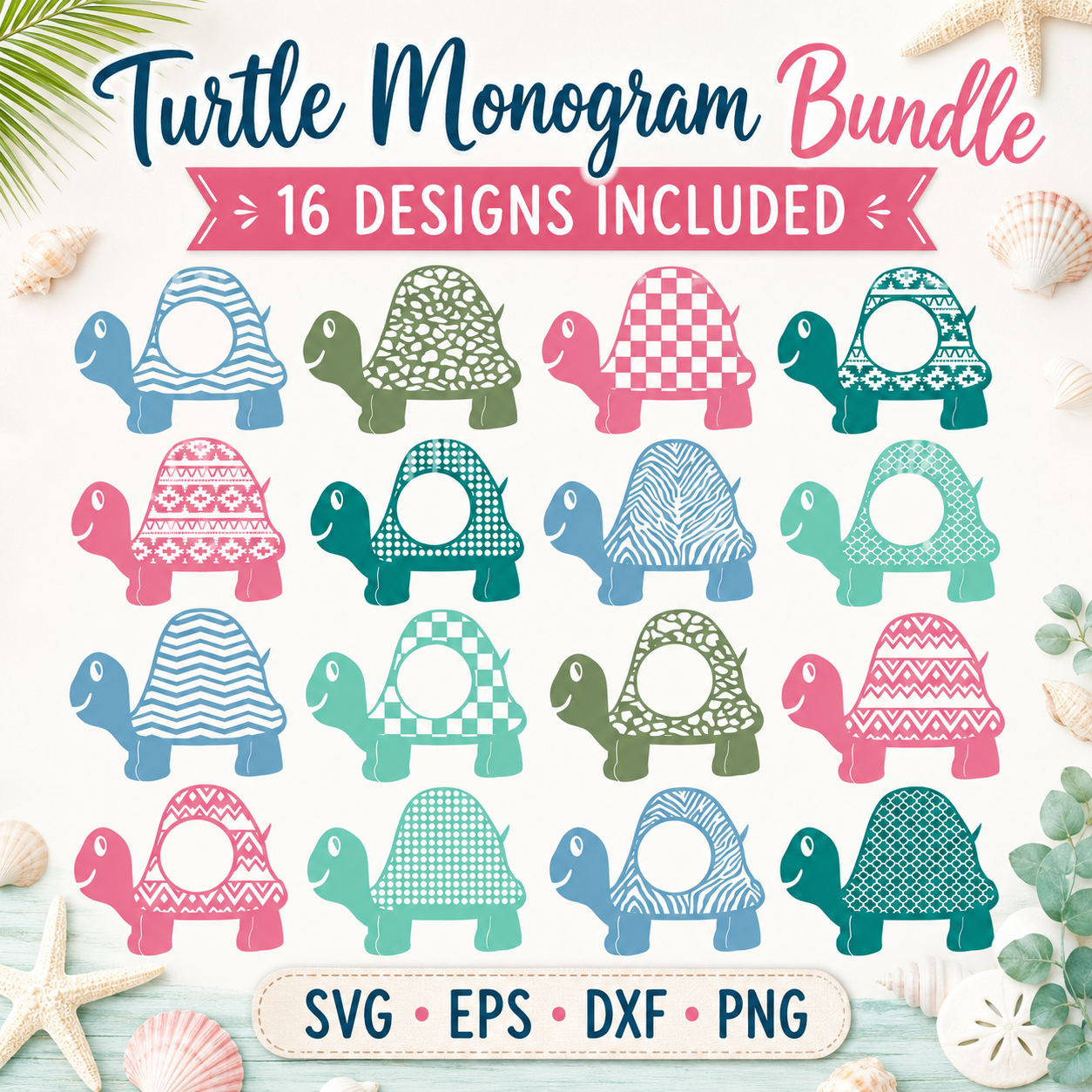 Turtle Monogram Frame SVG | Kids Ocean Beach Cut File Bundle - JenCraft Designs