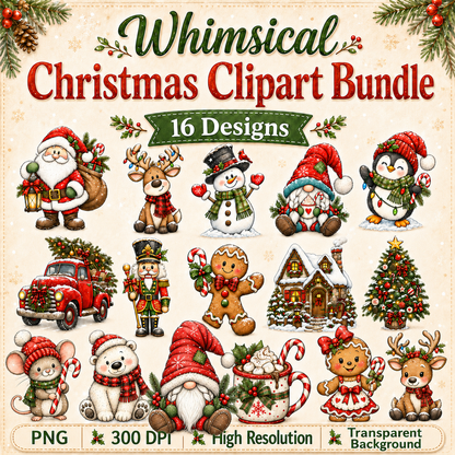 Whimsical Christmas Clipart Bundle PNG | 16 Hand-Drawn Storybook Designs