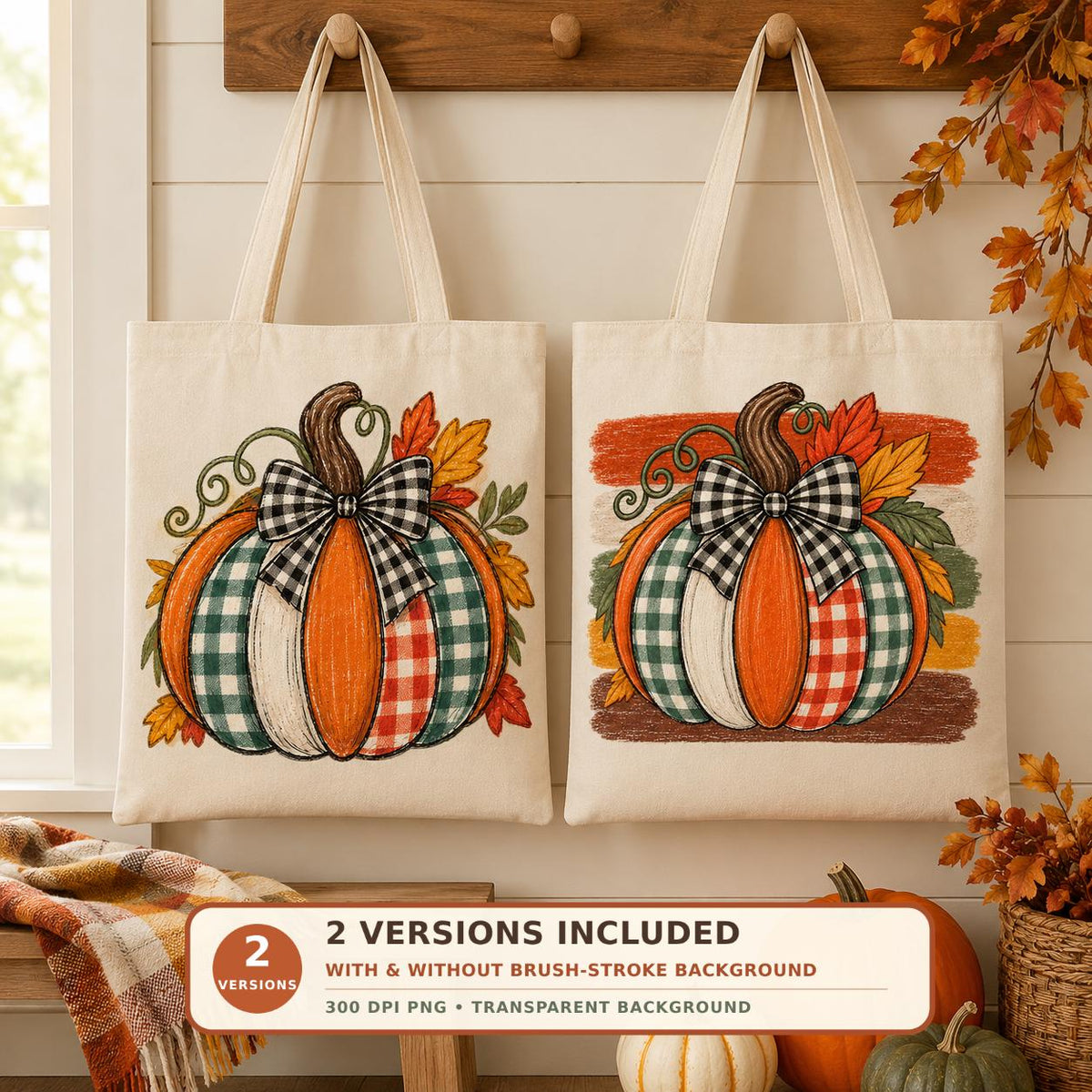 Patchwork Plaid Pumpkin PNG Sublimation Design, 2 Versions
