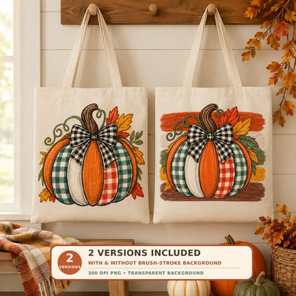 Patchwork Plaid Pumpkin PNG Sublimation Design, 2 Versions