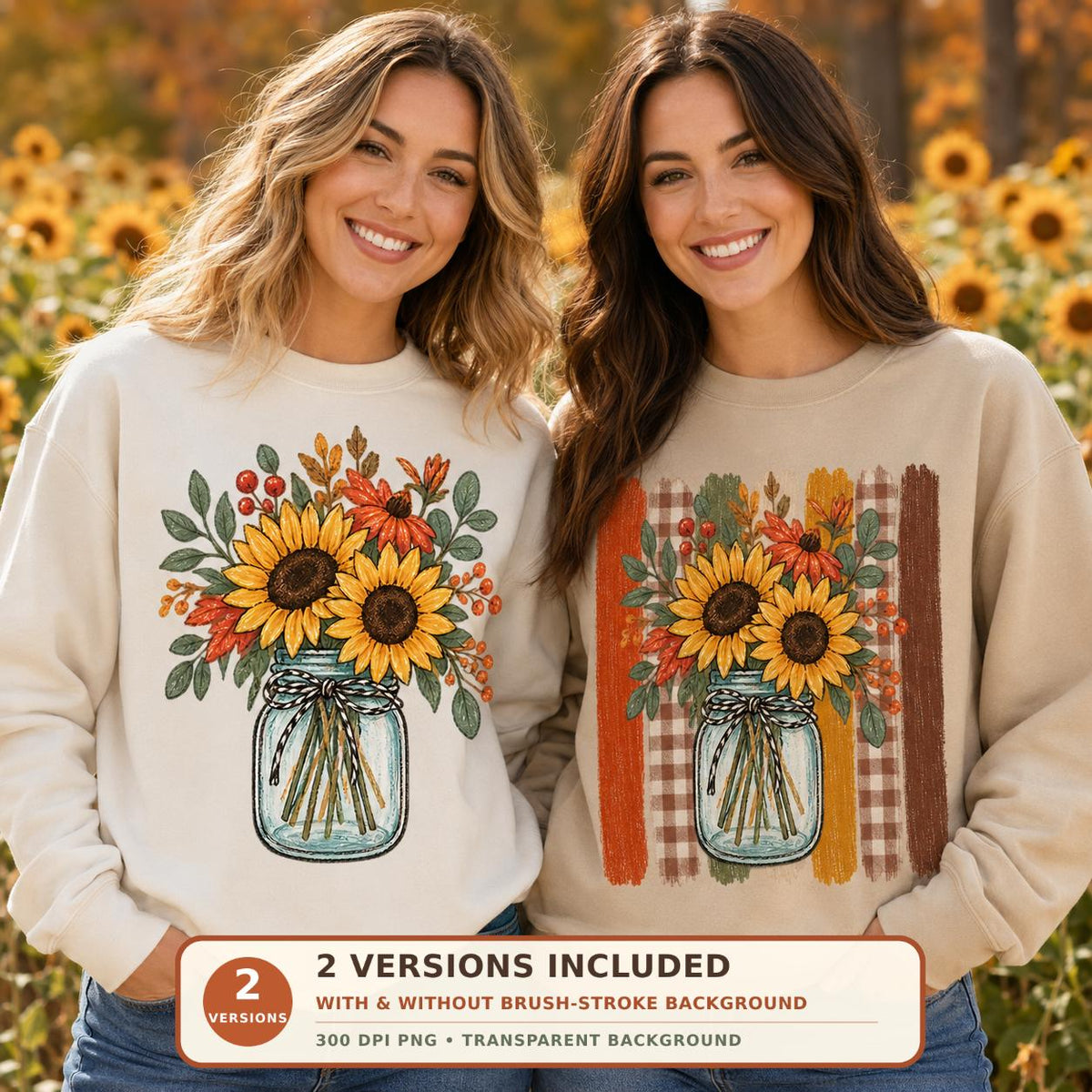 Sunflower Mason Jar PNG Sublimation Design, 2 Versions