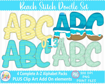 Beach Faux Applique Doodle Letters | Beach Alphabet Png Sublimation File