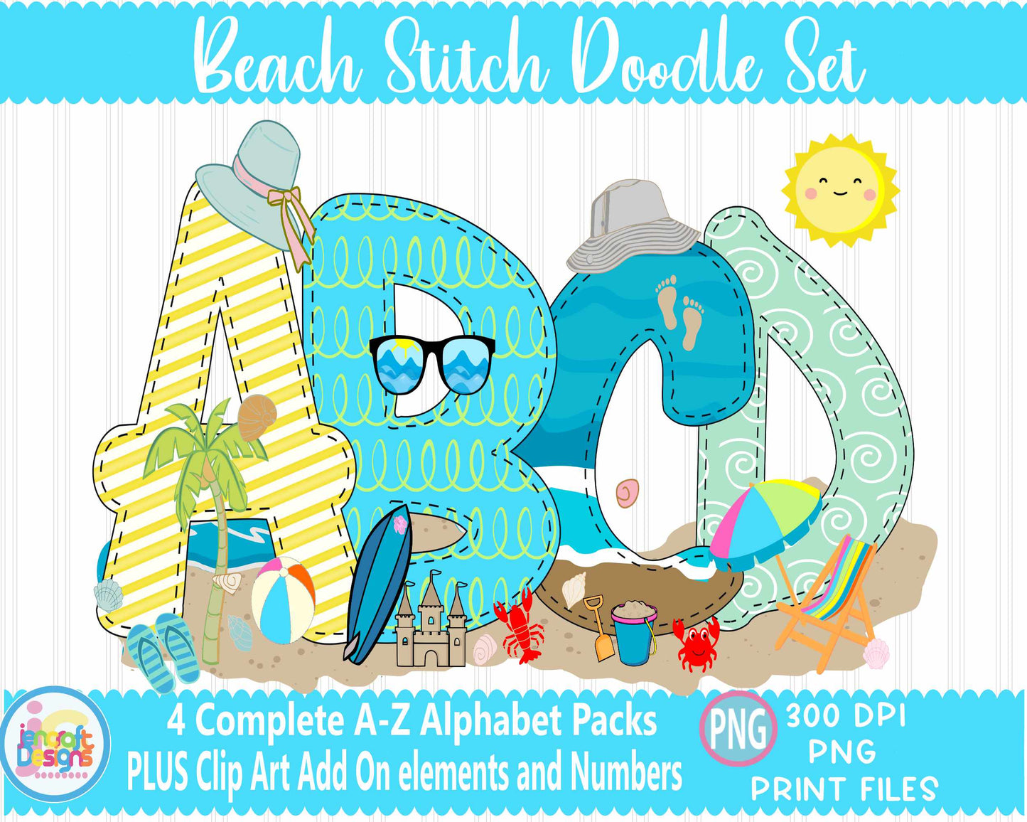 Beach Faux Applique Doodle Letters | Beach Alphabet Png Sublimation File