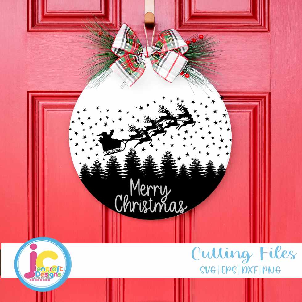 Round Christmas Sign Svg | Santa Sleigh Reindeer Door Hanger SVG DXF PNG EPS