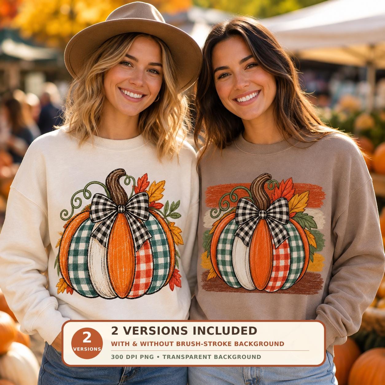 Patchwork Plaid Pumpkin PNG Sublimation Design, 2 Versions