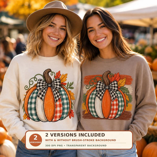 Patchwork Plaid Pumpkin PNG Sublimation Design, 2 Versions