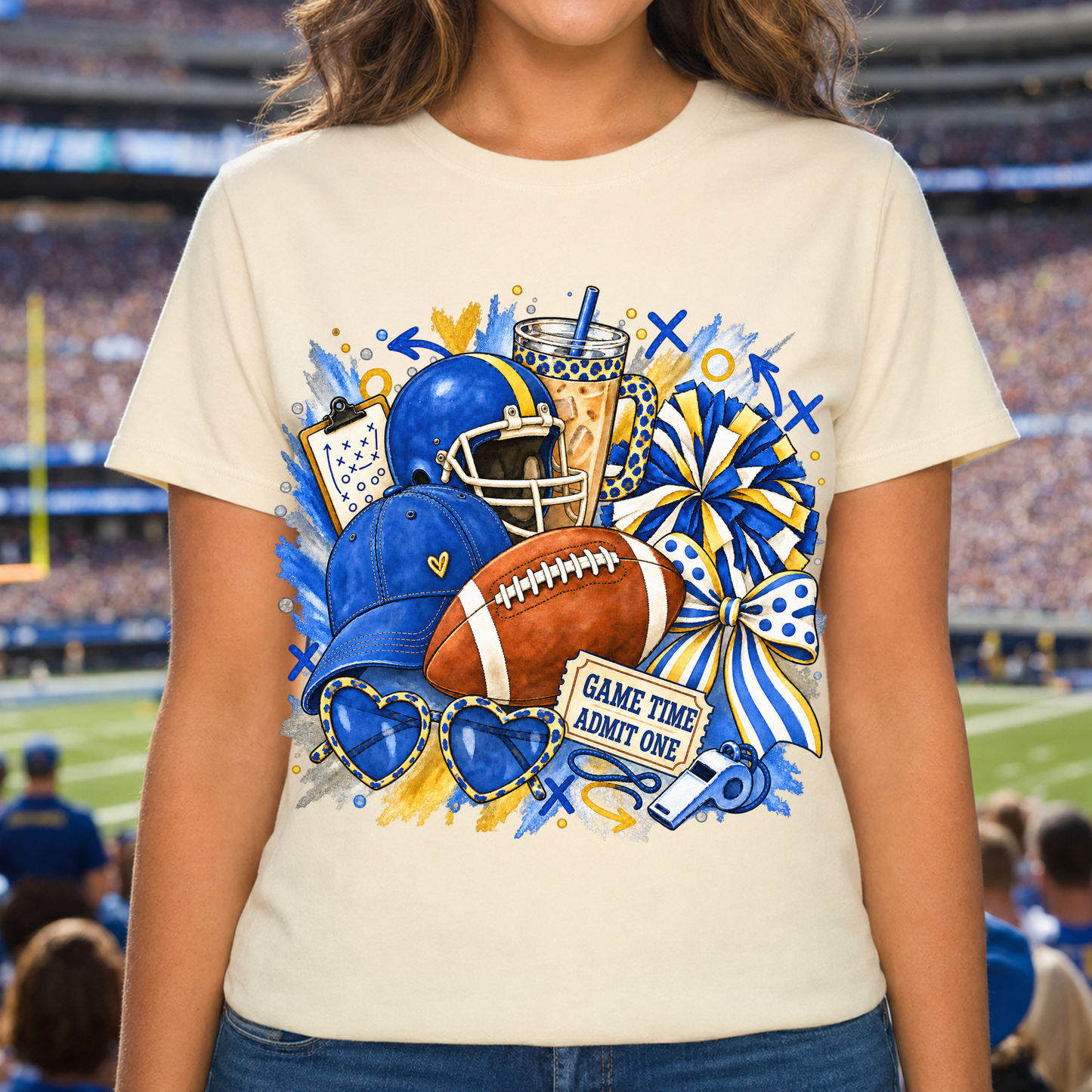 Game Time Admit One PNG | Royal Blue Gold Football Sublimation