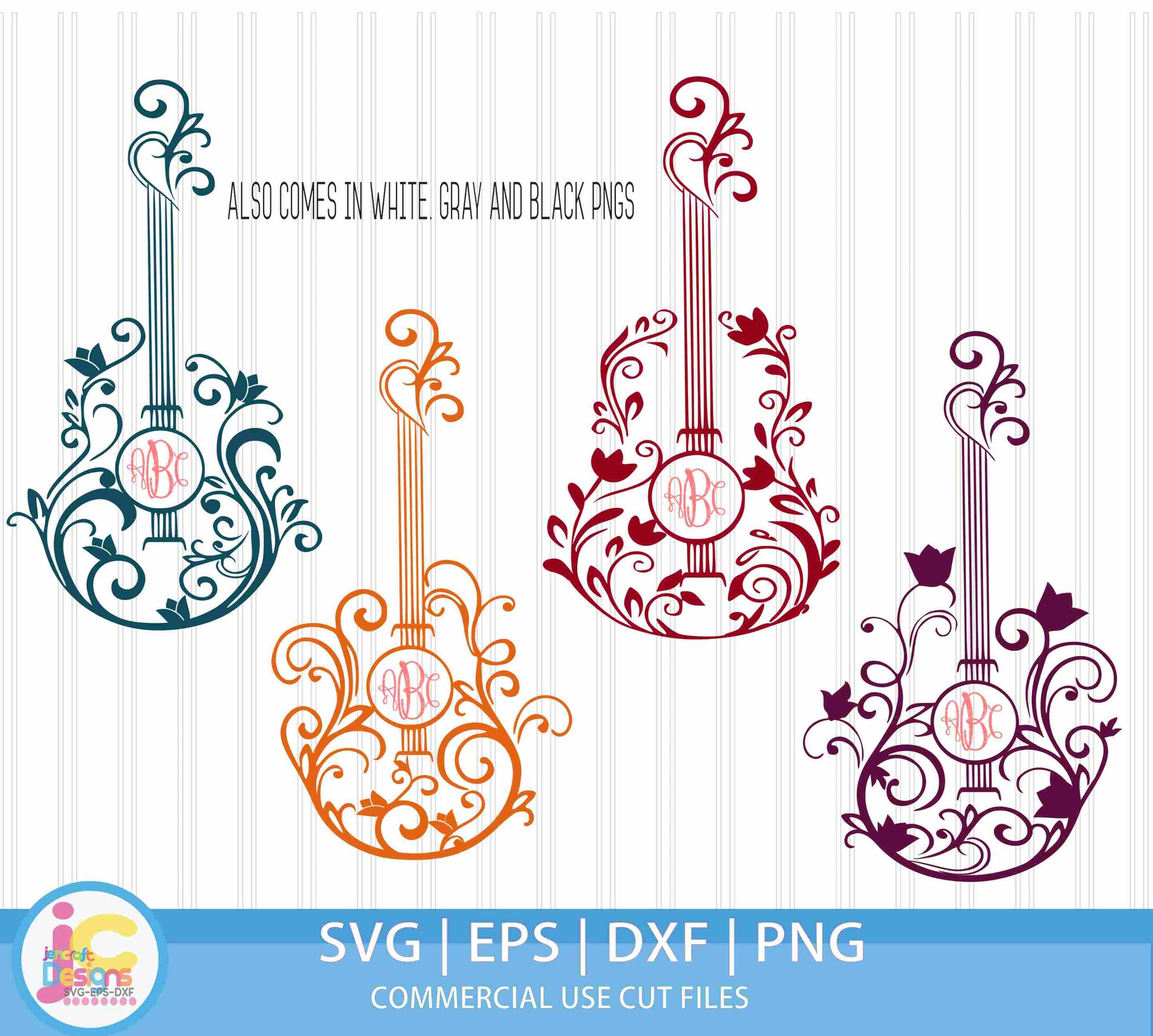 Floral Guitar Monogram Frame SVG DXF PNG EPS Bundle
