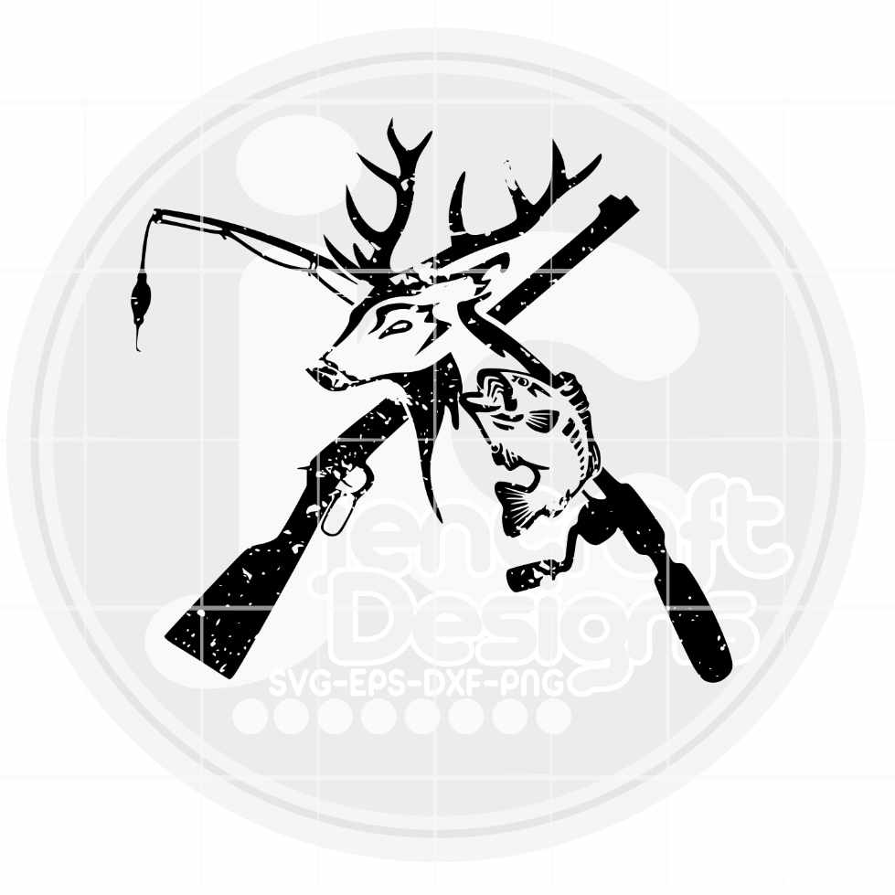 Hunting Fishing svg | Distressed Deer Fish, riffle Fishing Pole SVG EPS DXF PNG