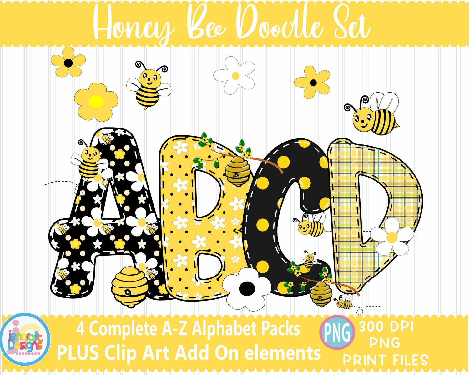 honey-bee-faux-applique-doodle-letters-png-summer-hand-drawn-alpha-pack-alphabet-a-z-set-sublimate-design-printable-sublimation