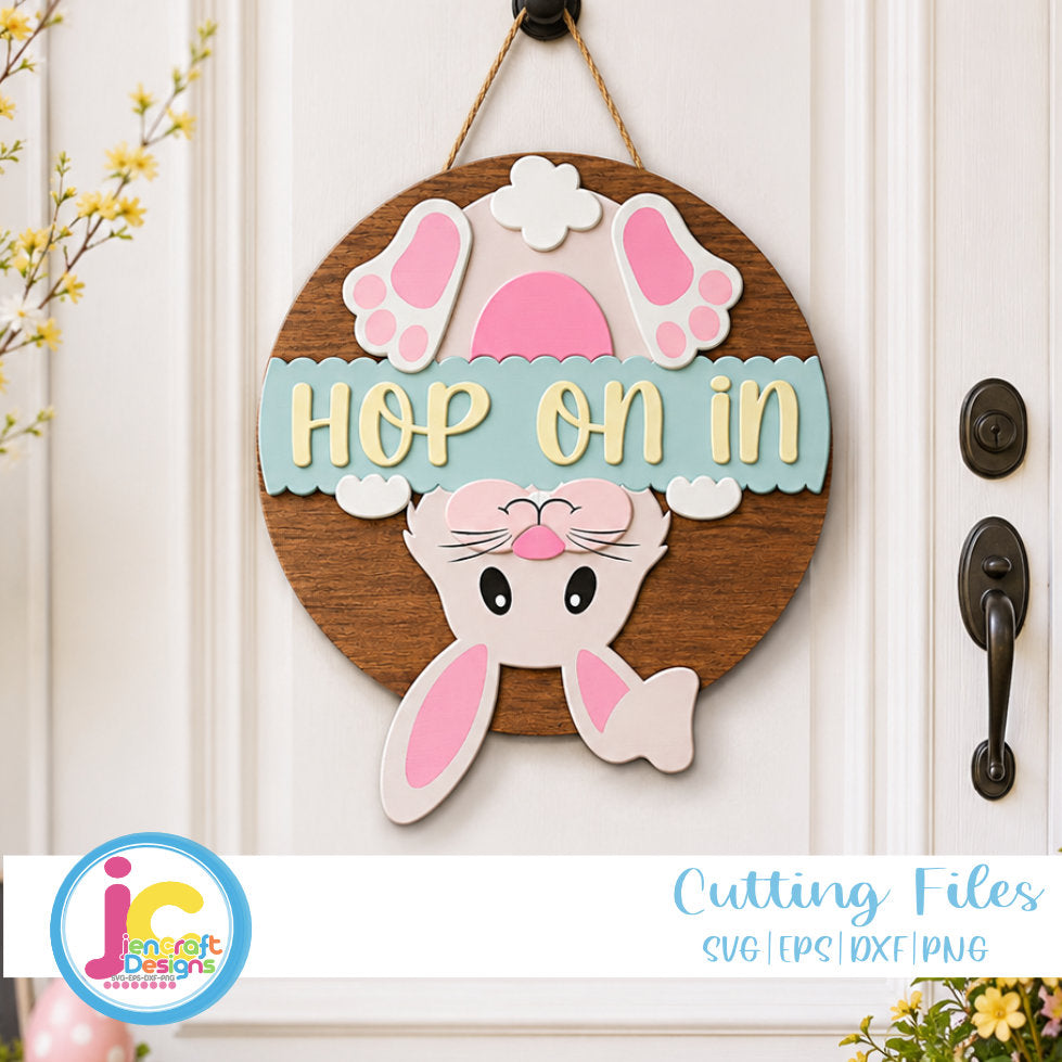 Easter Welcome Sign SVG EPS DXF PNG | Hop On In Bunny Tail Door Hanger