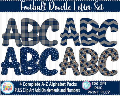 football-blue-grey-faux-applique-doodle-letters-alphabet-bundle-png-hand-drawn-alpha-pack-digital-download-sublimation-digital-design-png