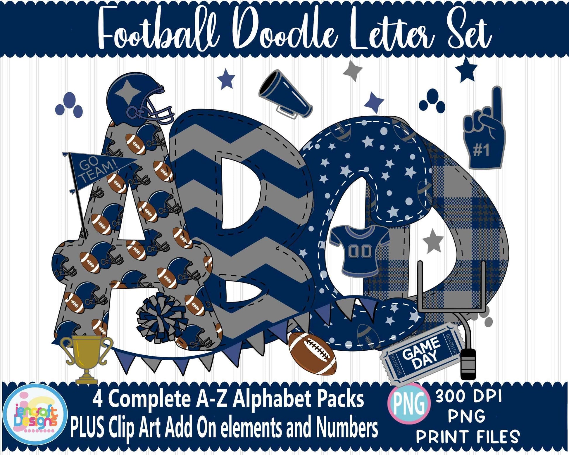 football-blue-grey-faux-applique-doodle-letters-alphabet-bundle-png-hand-drawn-alpha-pack-digital-download-sublimation-digital-design-png