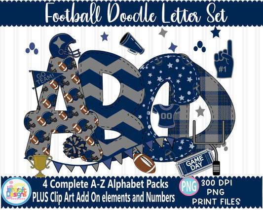 football-blue-grey-faux-applique-doodle-letters-alphabet-bundle-png-hand-drawn-alpha-pack-digital-download-sublimation-digital-design-png