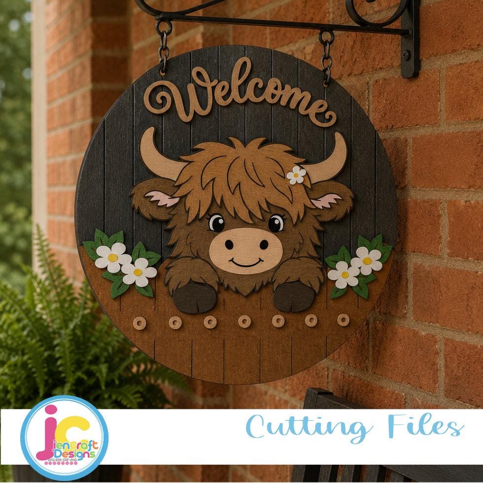 Highland Cow Welcome Sign SVG | Layered Laser Cut Door Hanger