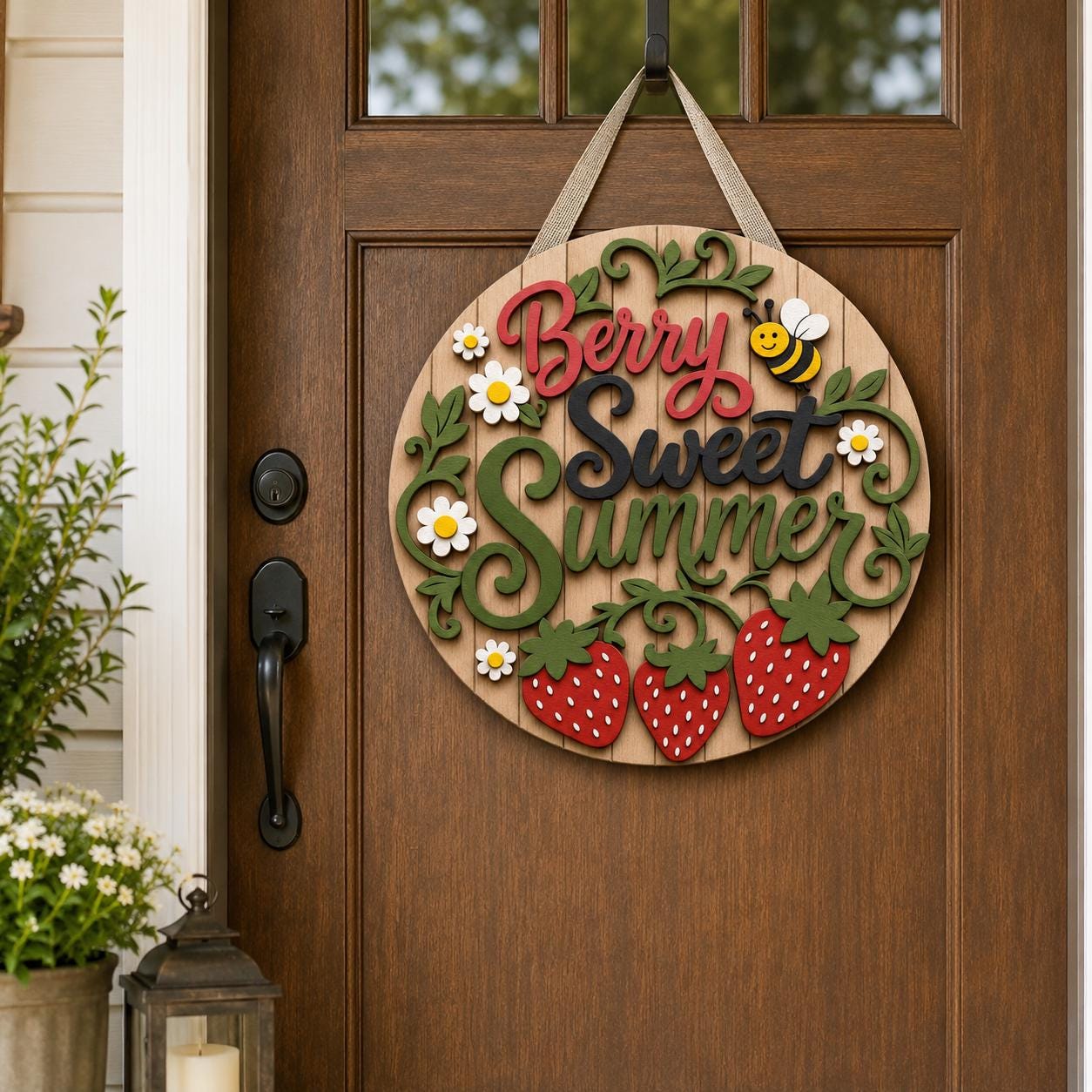 Berry Sweet Summer Door Sign SVG | Strawberry Round Door Hanger Laser Cut File