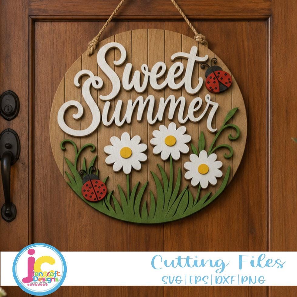 Sweet Summer Door Sign SVG | Daisy Ladybug Round Door Hanger Laser Cut File