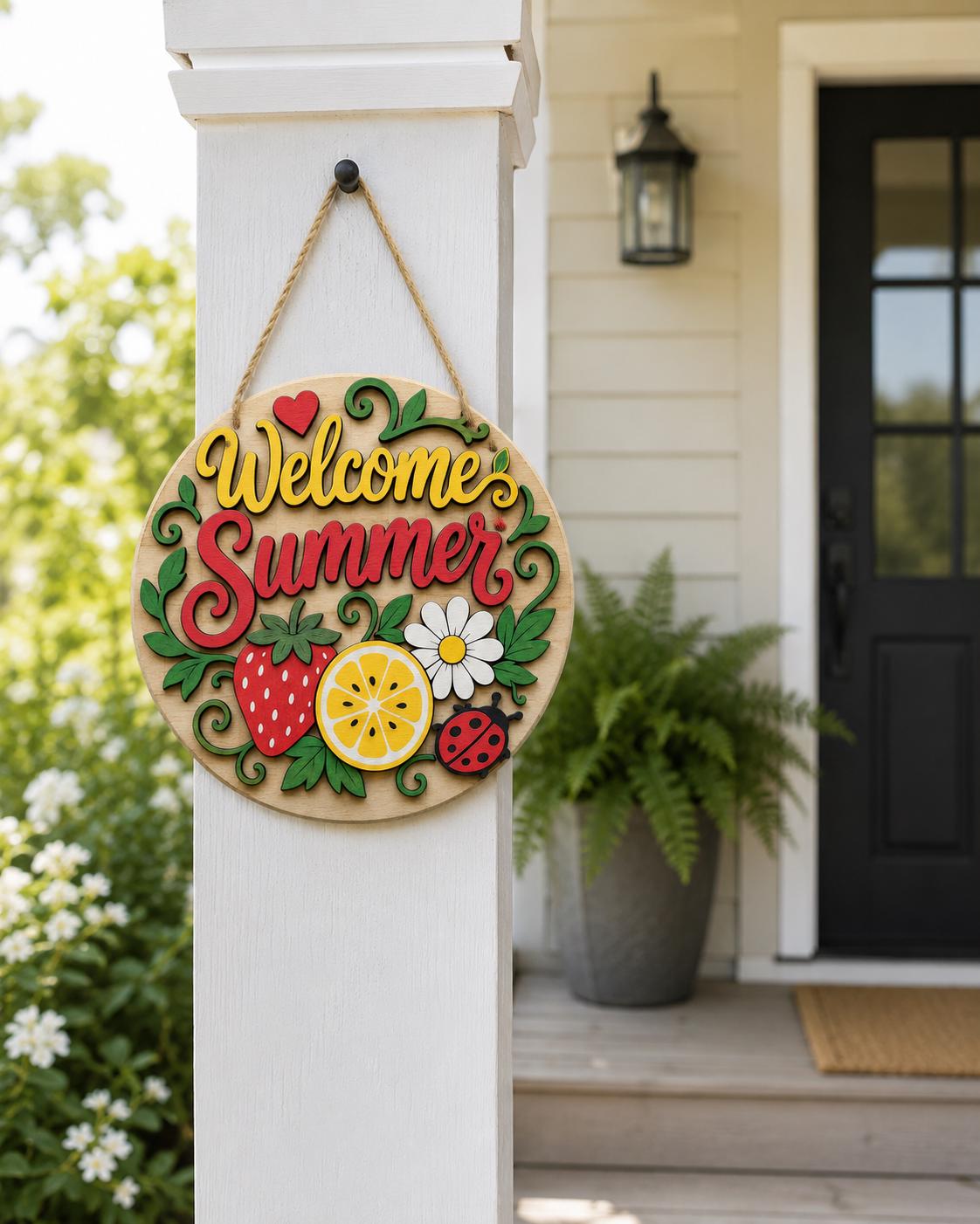 Welcome Summer Door Sign SVG | Strawberry Lemon Daisy Round Door Hanger Laser Cut File