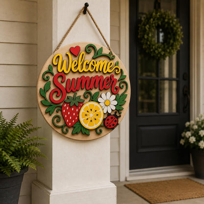 Welcome Summer Door Sign SVG | Strawberry Lemon Daisy Round Door Hanger Laser Cut File