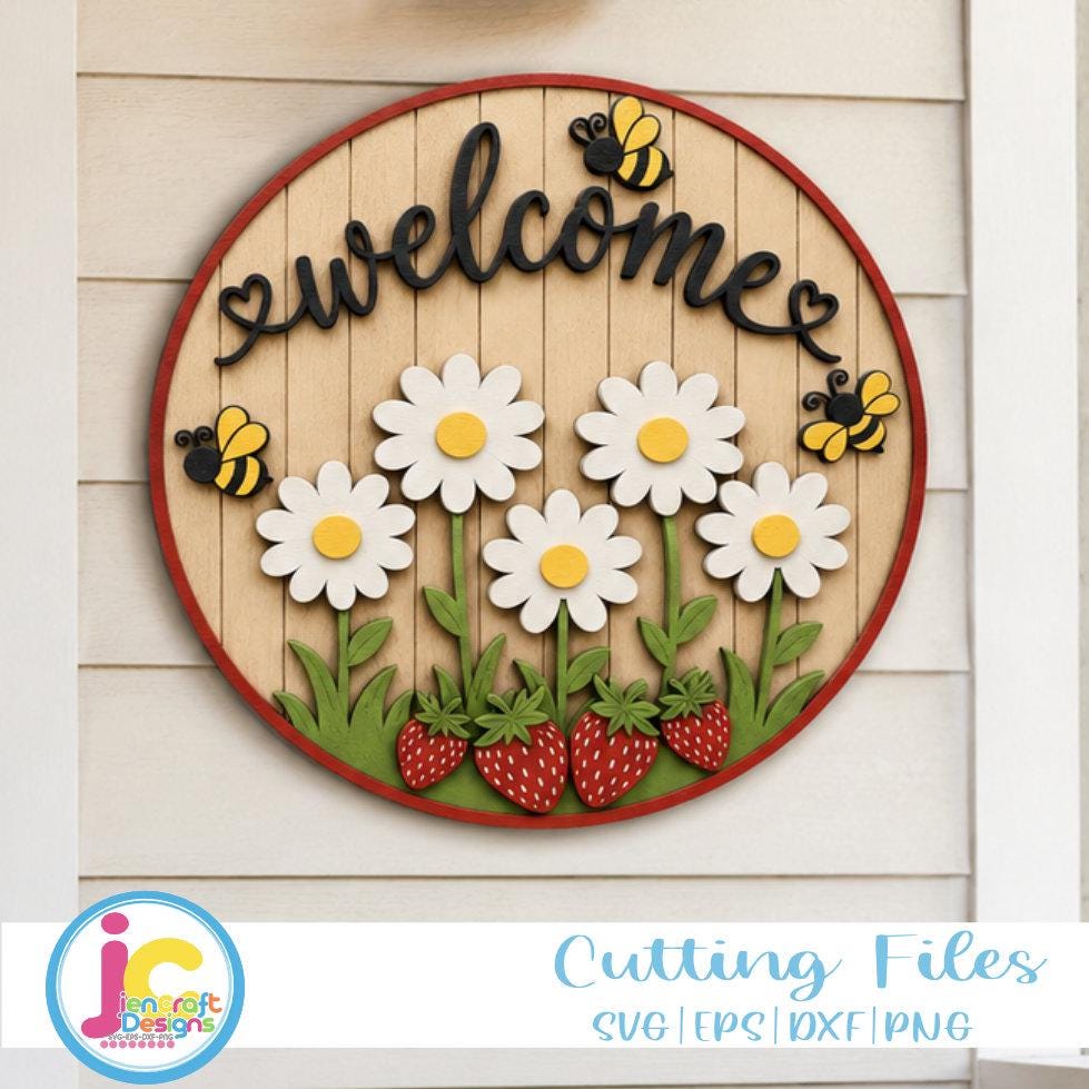 Welcome Door Sign SVG | Summer Daisy Bee Strawberry Round Door Hanger Laser Cut File