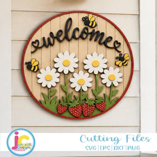 Welcome Door Sign SVG | Summer Daisy Bee Strawberry Round Door Hanger Laser Cut File